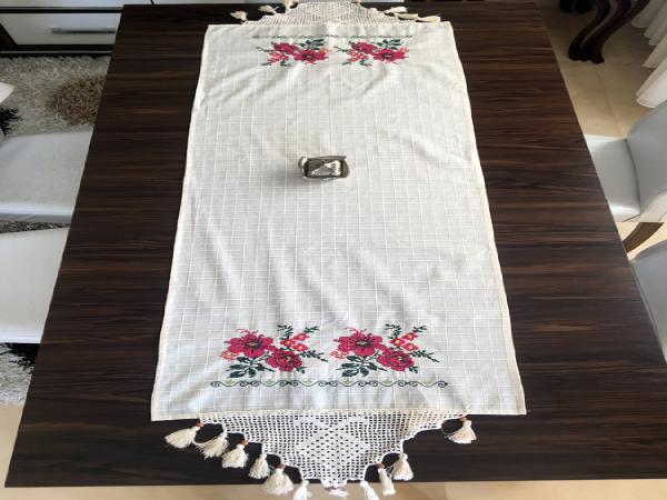 Kanaviçe Runner- Buzdolabı Örtüsü Bordo %100 Pamuk
