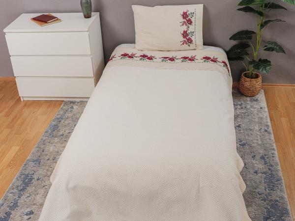 Kanaviçe İşlemeli Tek Kişilik Pike Takımı Bordo %100 Pamuk