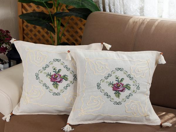 Kanaviçe İşlemeli 2 li Kırlent Kılıfı Gül Demet-Mor Rengi %100 Pamuk